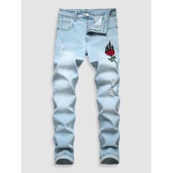 ZAFUL Men's Ripped Rose Embroidered Skinny Jeans 36 Light blue