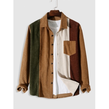 ZAFUL Men's Colorblock Front Pocket Corduroy Long Sleeves Shirt M Brown