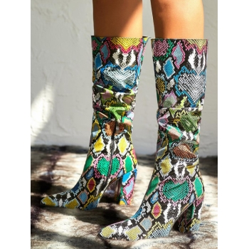 ZAFUL Women Colorful Snake Print Ruched Chunky Heel Mid-calf Boots