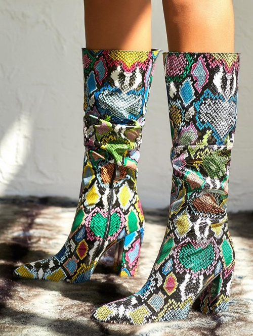 ZAFUL Women Colorful Snake Print Ruched Chunky Heel Mid-calf Boots