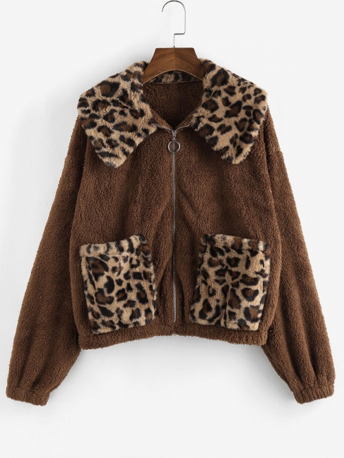 ZAFUL Leopard Insert Pocket Drop Shoulder Faux Fur Coat Xl Puce