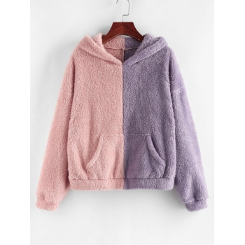 Women Hoodies ZAFUL Two Tone Plush Faux Fur Pocket Hoodie M Rose