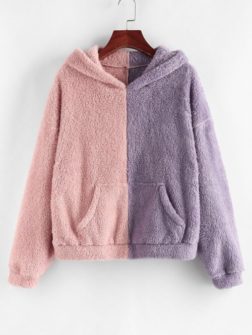 Women Hoodies ZAFUL Two Tone Plush Faux Fur Pocket Hoodie M Rose