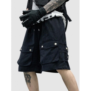 Mock Button Drawstring Cargo Shorts S Black