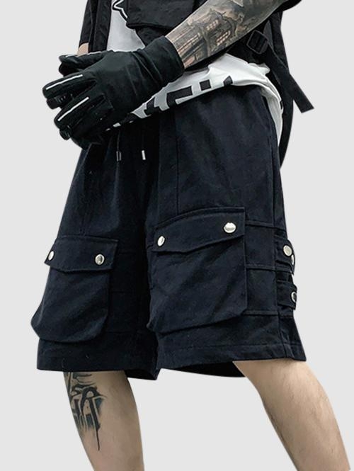 Mock Button Drawstring Cargo Shorts S Black