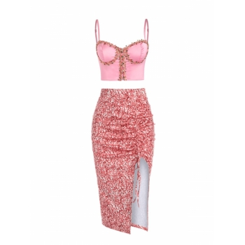 Floral Applique Top and Cinched Asymmetrical Skirt Set Light pink