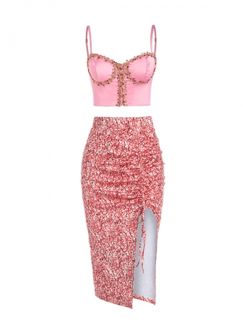 Floral Applique Top and Cinched Asymmetrical Skirt Set Light pink