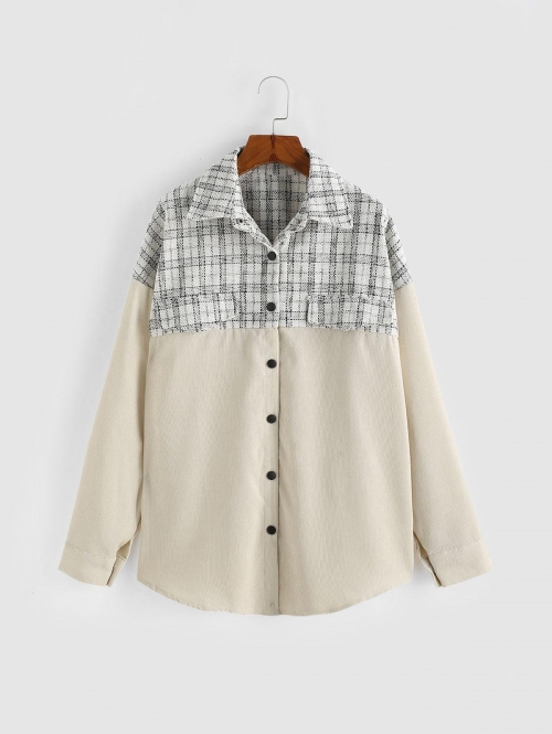 Women Blouses Corduroy Tweed Drop Shoulder Shirt L Light coffee