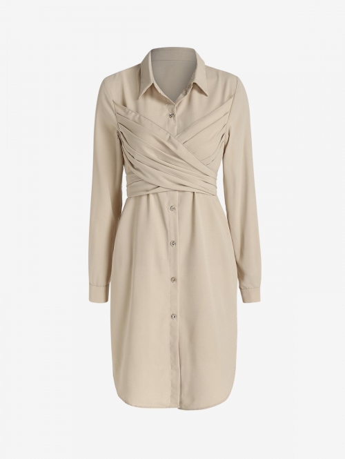 Mini Dress Ruched Criss Cross Long Sleeve Shirt Dress S Light coffee