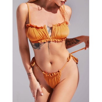 ZAFUL Tie Side Frilled V-wire Ribbed Tanga Bikini Swimwear M Dark orange