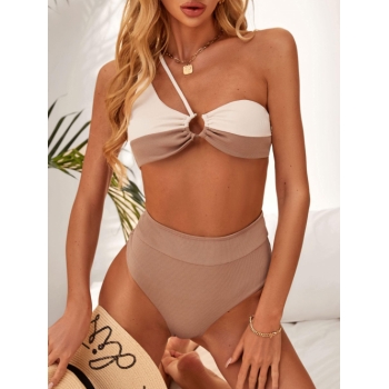 ZAFUL Ribbed Two Tone High Cut One Shoulder Bikini Swimwear L Light coffee