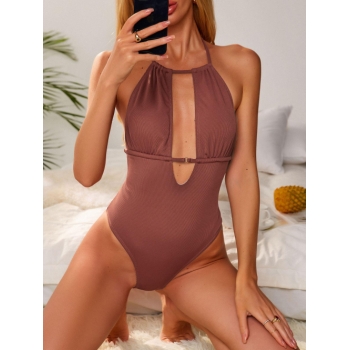 ZAFUL Cut Out Open Back Halter Ribbed One-piece Swimsuit M Coffee