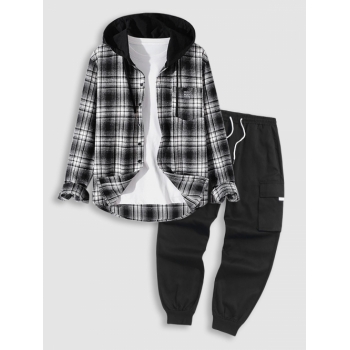 ZAFUL Men's Flannel Plaid Hooded Shirt With Techwear Cargo Pants Two Piece Set Black