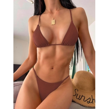 ZAFUL Ribbed Cami String Bikini Swimsuit M Coffee