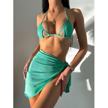 Women Three-Pieces ZAFUL High Leg Cut Out Ribbed Three Piece String Bikini Swimwear M Green