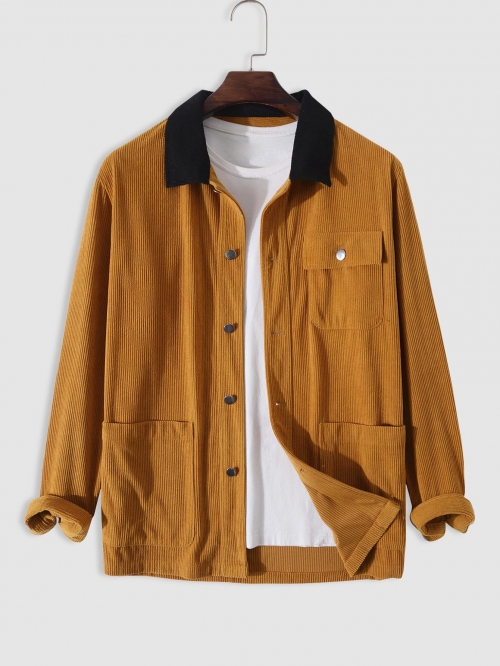 ZAFUL Men's Color Spliced Collar Multi-pocket Corduroy Shacket S Coffee