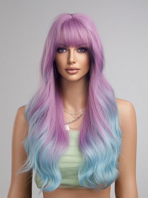 zaful Purple Gradient Blue See-through Bangs Long Wavy Synthetic Wig