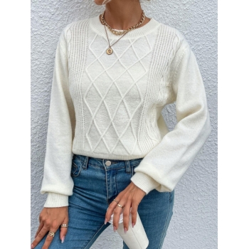 Women Crewneck Diamond Cable Knit Sweater L White