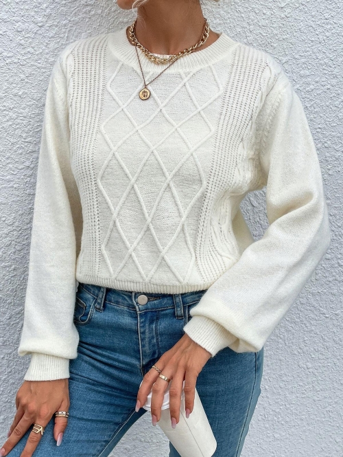 Women Crewneck Diamond Cable Knit Sweater L White