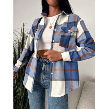 Women Blouses Plaid Double Pockets Button Up Shacket S Blue