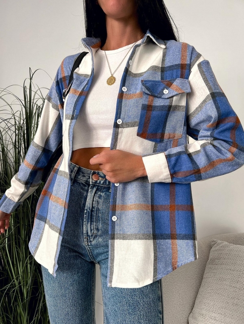 Women Blouses Plaid Double Pockets Button Up Shacket S Blue