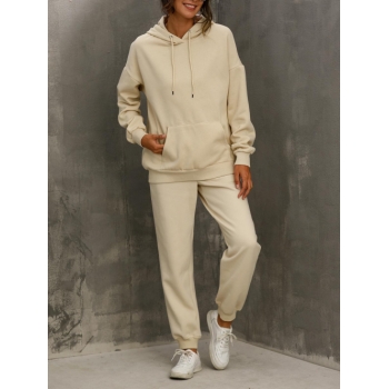 Plain Front Pocket Hoodie and Jogger Pants Set M Light coffee