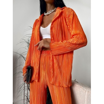 Plisse Set Pleated Long Sleeves Slight Stretch Button Up Lapel collar Shirt and Straight Wide-leg Pants Co-ord Set Soft Summer Versatile Two-piece M T