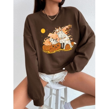 Women Hoodies Halloween Pumpkin Animal Graphic Sweatshirt S Deep coffee