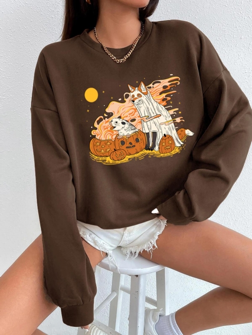 Women Hoodies Halloween Pumpkin Animal Graphic Sweatshirt S Deep coffee