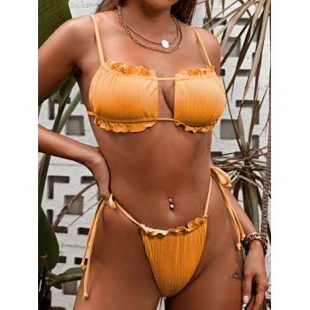 ZAFUL Cutout Ruffled Side Tie Cinched Bikini Set M Orange