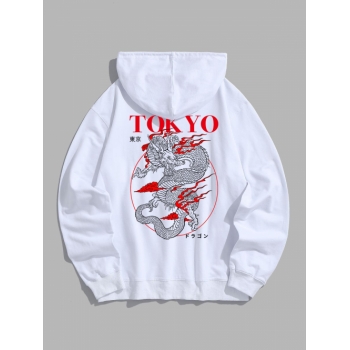 ZAFUL Men's Dragon Print TOKYO Graphic Oriental Hoodie L White