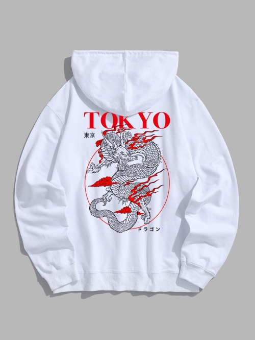 ZAFUL Men's Dragon Print TOKYO Graphic Oriental Hoodie L White