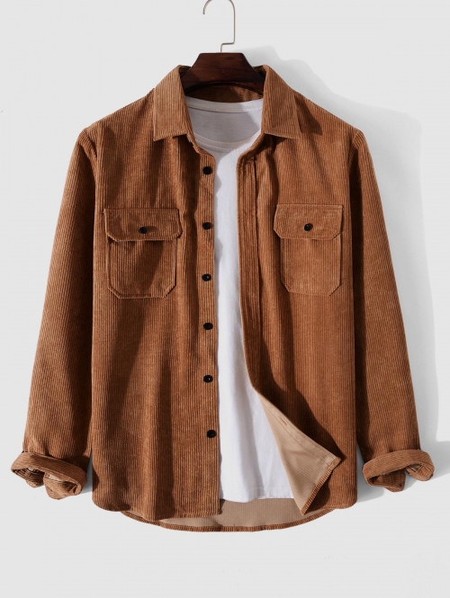 ZAFUL Men's Solid Color Long Sleeve Corduroy Shirt L Deep coffee