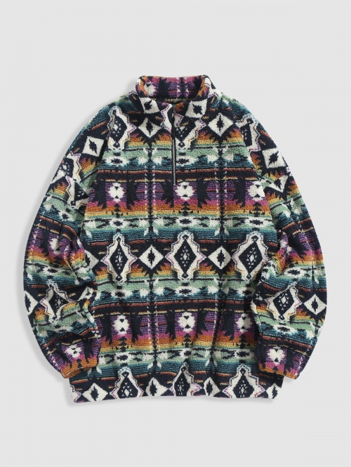 ZAFUL Men's ZAFUL Ethnic Tribal Aztec Printed Zip Up Fluffy Teddy Sweatshirt L