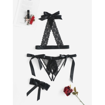 Lace Crotchless Ties Thigh Ring Lingerie Set M Black