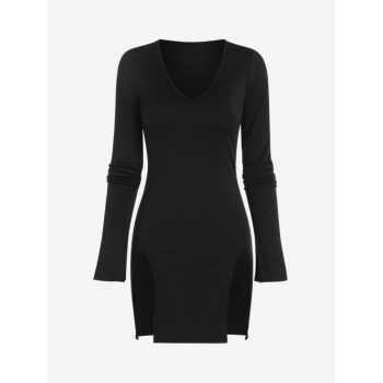 Women V Neck Slit Mini Bodycon Dress M Black