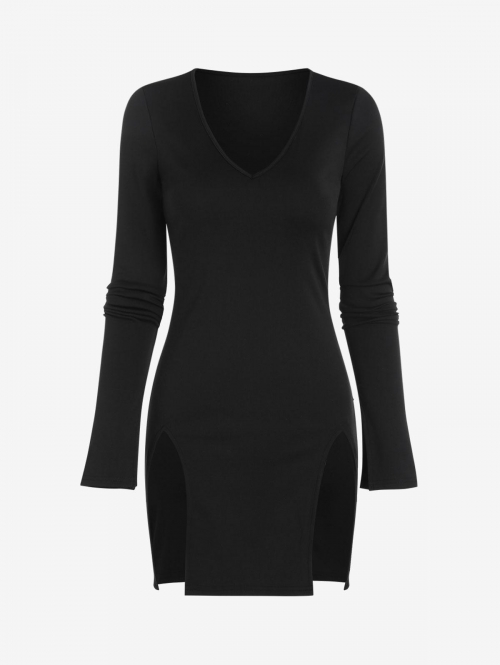 Women V Neck Slit Mini Bodycon Dress M Black