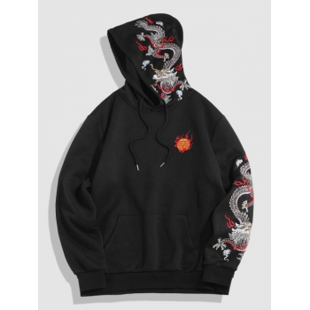 ZAFUL Men's Dragon Embroidery Chinoiserie Y2K Aesthetic Hoodie L Black