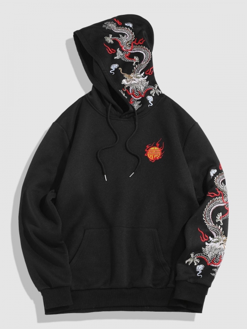 ZAFUL Men's Dragon Embroidery Chinoiserie Y2K Aesthetic Hoodie L Black