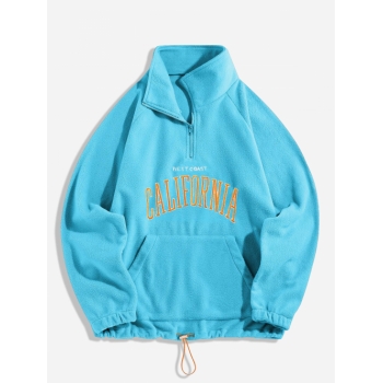 ZAFUL Men's Letters Embroidered Quarter Zip Fluffy Fleece Vintage Essentials Sweatshirt L Light blue