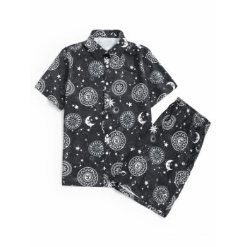 ZAFUL Men's Sun Moon Star Print Shirt and Shorts Set Xl Black