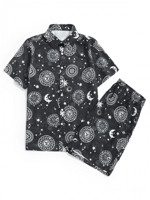 ZAFUL Men's Sun Moon Star Print Shirt and Shorts Set Xl Black