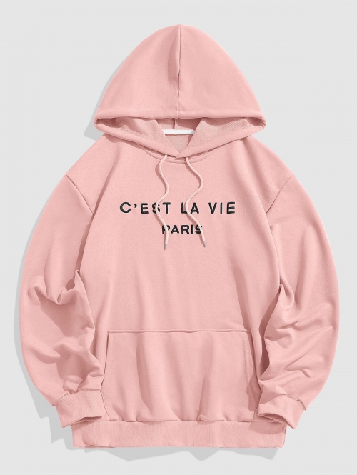 ZAFUL Men's Letter C'EST LA VIE PARIS Embroidery Essentials Hoodie S Light pink