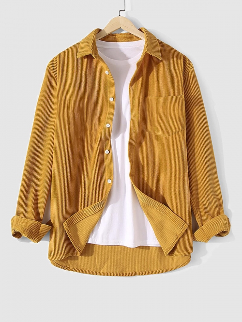 ZAFUL Men's Solid Color Corduroy Long Sleeves Shirt 2xl Yellow