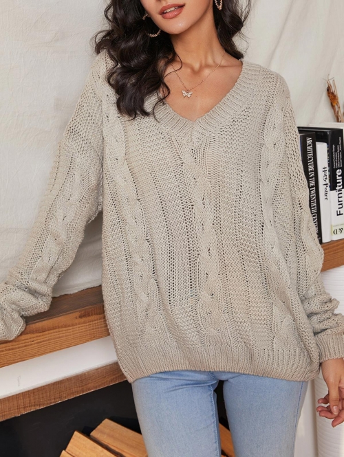 Women Cable Knit Slouchy Chunky Sweater S Light coffee