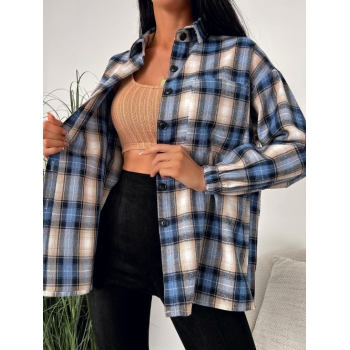 Women Blouses ZAFUL Plaid Chest Pocket Drop Shoulder Shirt M Blue