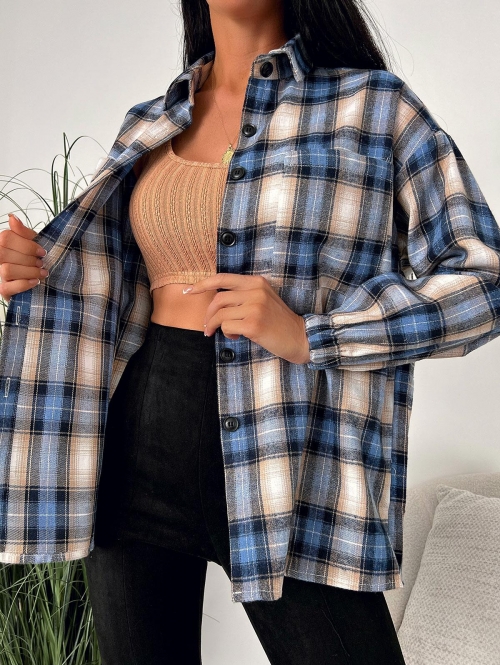 Women Blouses ZAFUL Plaid Chest Pocket Drop Shoulder Shirt M Blue