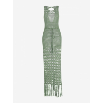 Maxi Drawstring Waist Thigh Split Openwork Crochet Dress M Green