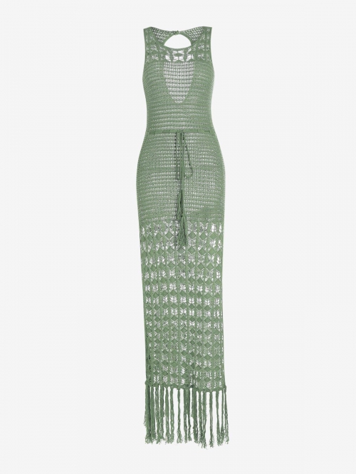 Maxi Drawstring Waist Thigh Split Openwork Crochet Dress M Green