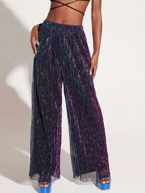 90s Metallic Plisse Layered Wide Leg Pants S Purple